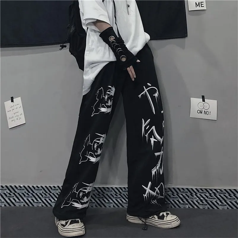 QWEEK Japanese Anime Print Sweatpant Vintage Streetwear Oversize Wide Leg Pants Jogging Casual Trousers Female Mall Goth 210721