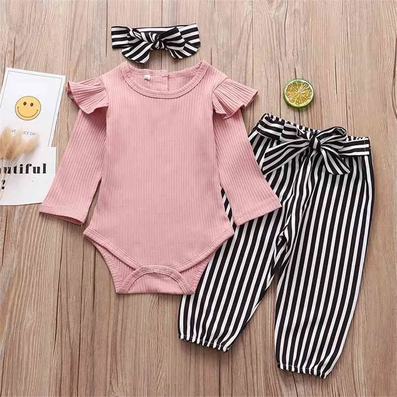 Född babyflickor kläder våren fall mode rosa romper byxor huvudband 3st set spädbarn kläder flicka outfit 210816