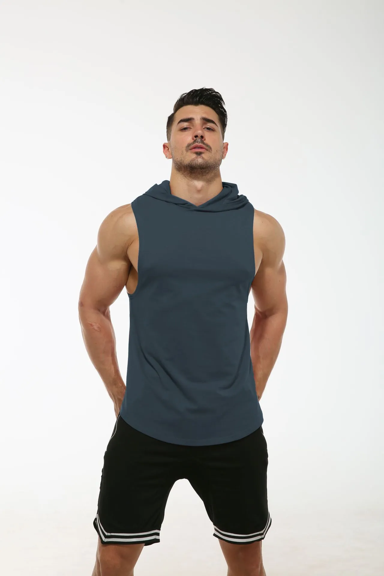 Mens Hoodie Solid Colors Sports Hooded Vest Elastic Sleeveless Curved Hem Fashion Sweatshirt Sportswear Tracksuit For Men