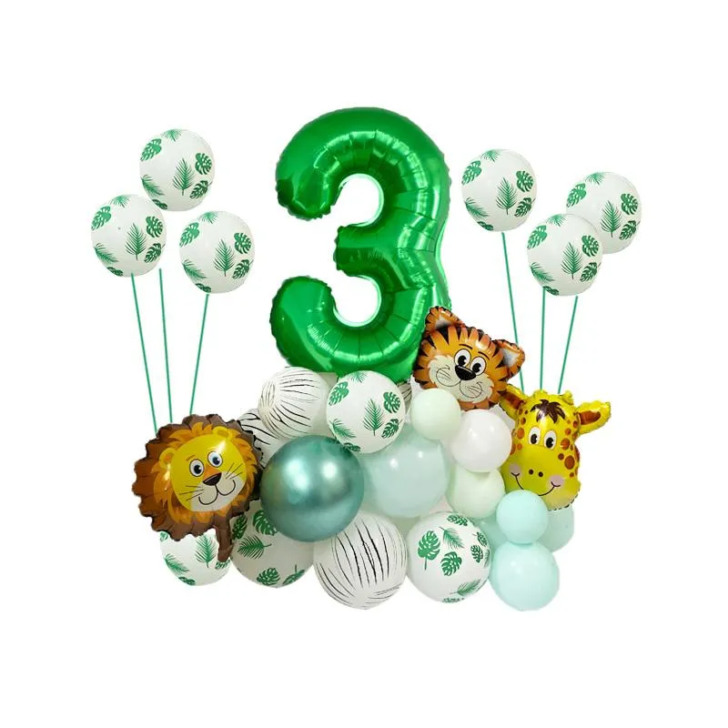 Party Decoration Happy 1 2 3 4 5 Years Birthday Safari Animal Balloons Set Baby Shower It's A Boy Forest Jungle Green Foil Number Ballon