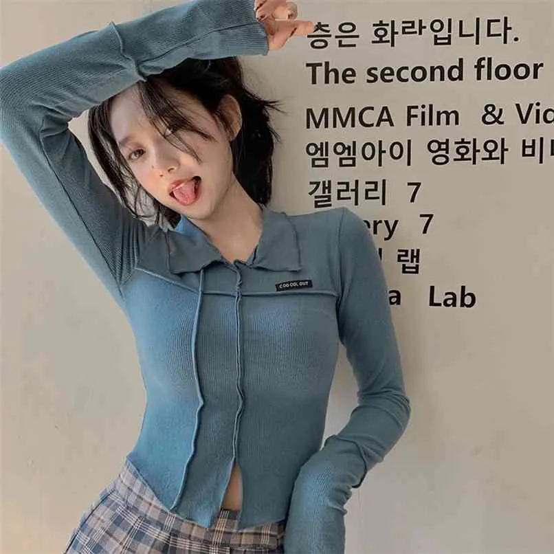 Knitted bottoming shirt, short cropped navel, tight-fitting slim-fit, long-sleeved top, women's spring T-shirt 210529