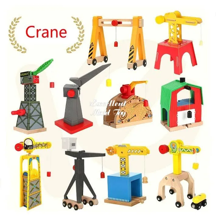 Wooden Train Kits Accessories DIY Assembly Building Blocks Educational Toy Drawbridge Parking Lot Gas station Crane Compatible All Brands Wood Track Boy Kid Gifts
