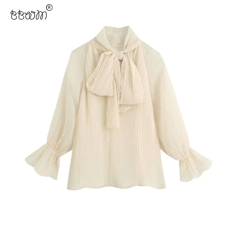 Damesmode chique boog semi-pure chiffon blouses vintage elegante lange mouw losse shirts vrouwelijke causale tops 210520