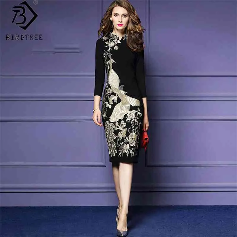 Women Chinese Style Cheongsam Phoenix Flower Embroidery Pencil Dresses High Waist 3/4 Sleeve Stand Collar Zipper Dress D91114I 210416