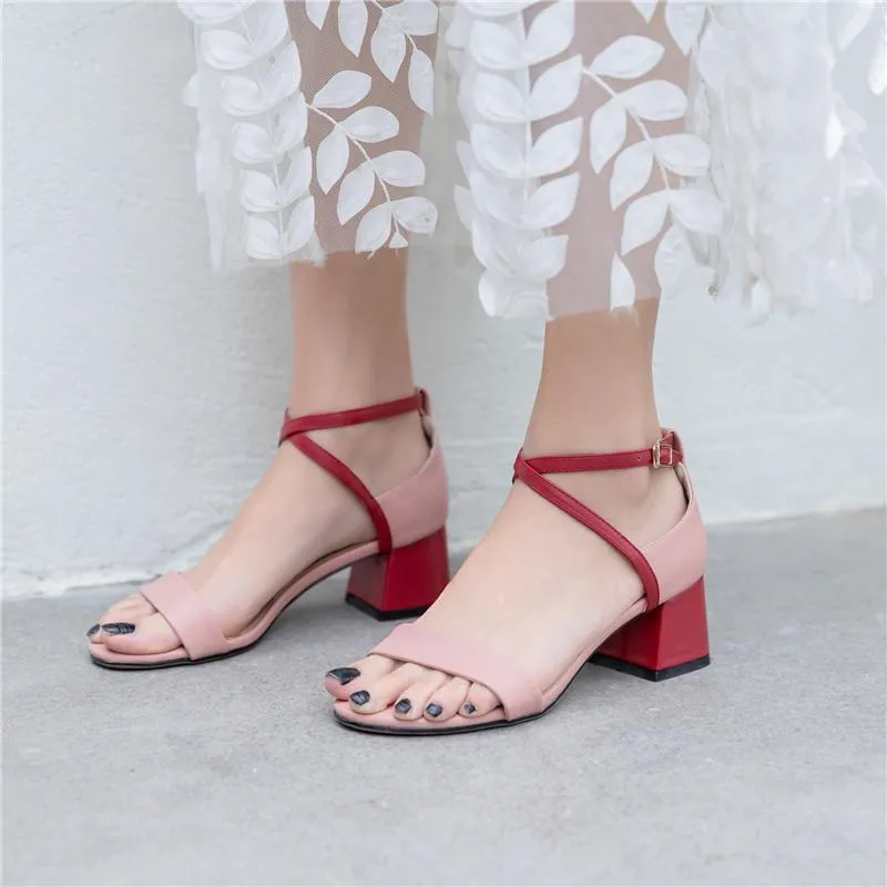 Fashion Cross Strap Pink Women Sandals 2021 Chunky Block High Heels Party Large Sizes Summer Shoes Woman 35-43