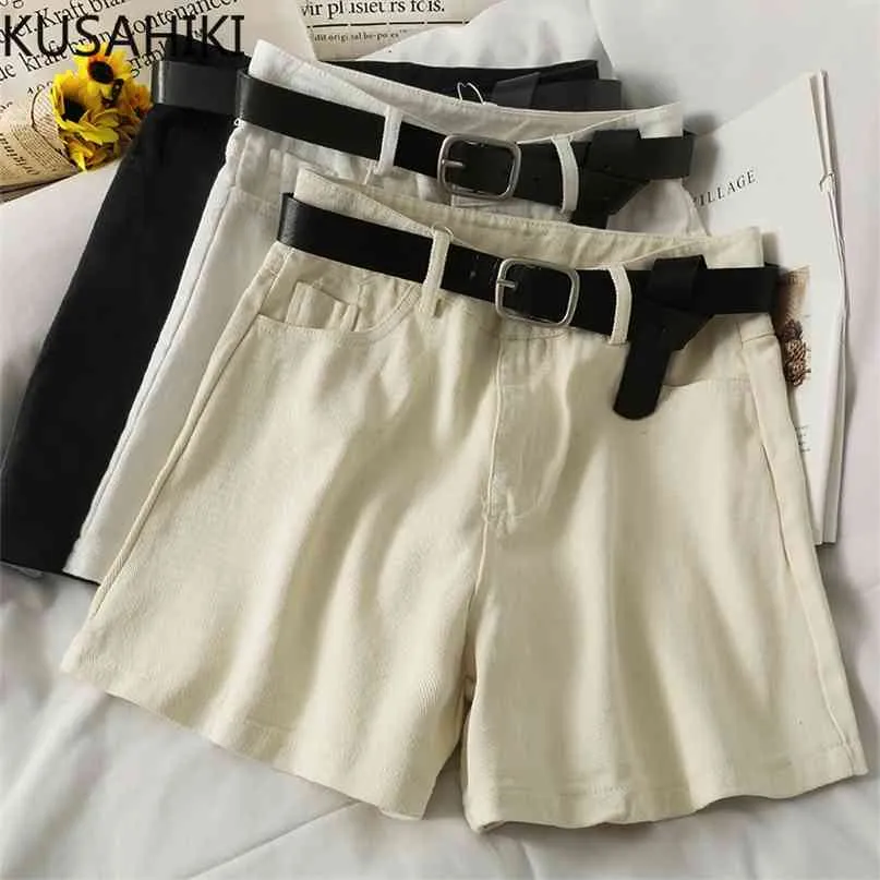 Summer Fashion Denim Shorts Belt High Waisted Elegant Jeans Wide Leg Short Feminimos Korean Causal Bottoms 6H734 210603