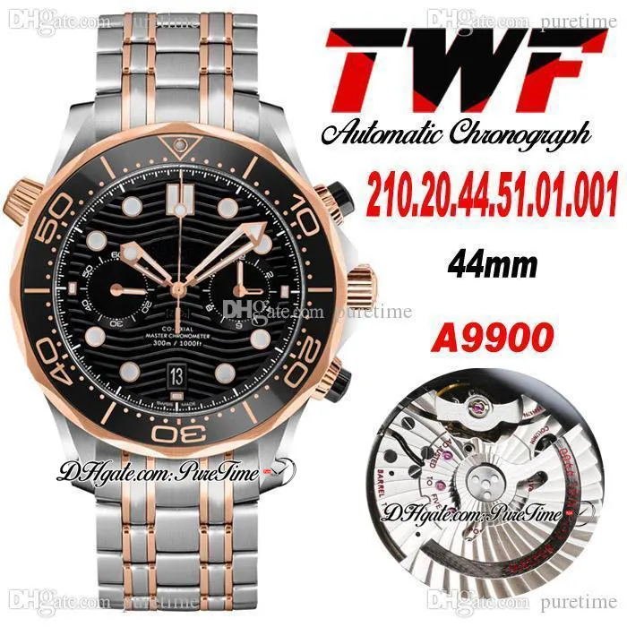 TWF DIVER 300M A9900 AUTOMATIC Chronograph Mens Watch Two Tone Rose Gold Ceramics Bezel Black Wave Texture Ring Rostfritt Stål Armband Super Edition Puretime 04d4