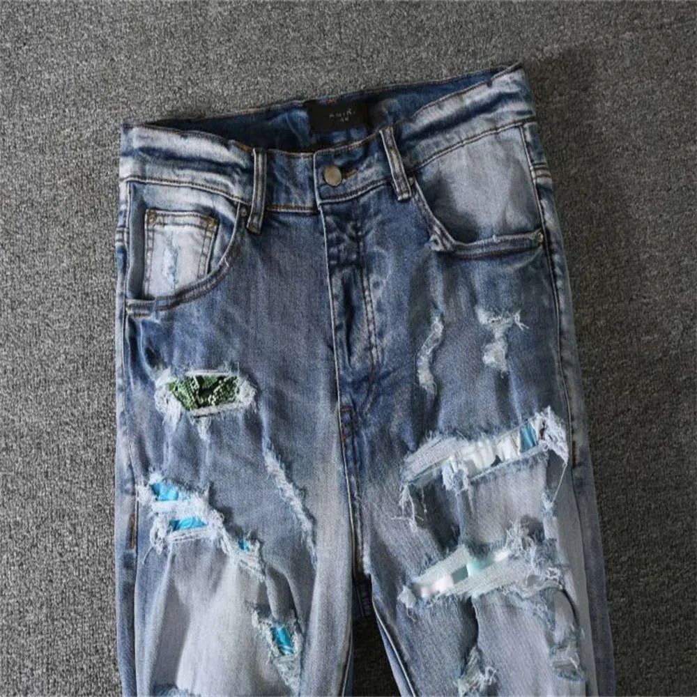 Men`s jeans color stickers, holes, frosting, casual fit, slim trend