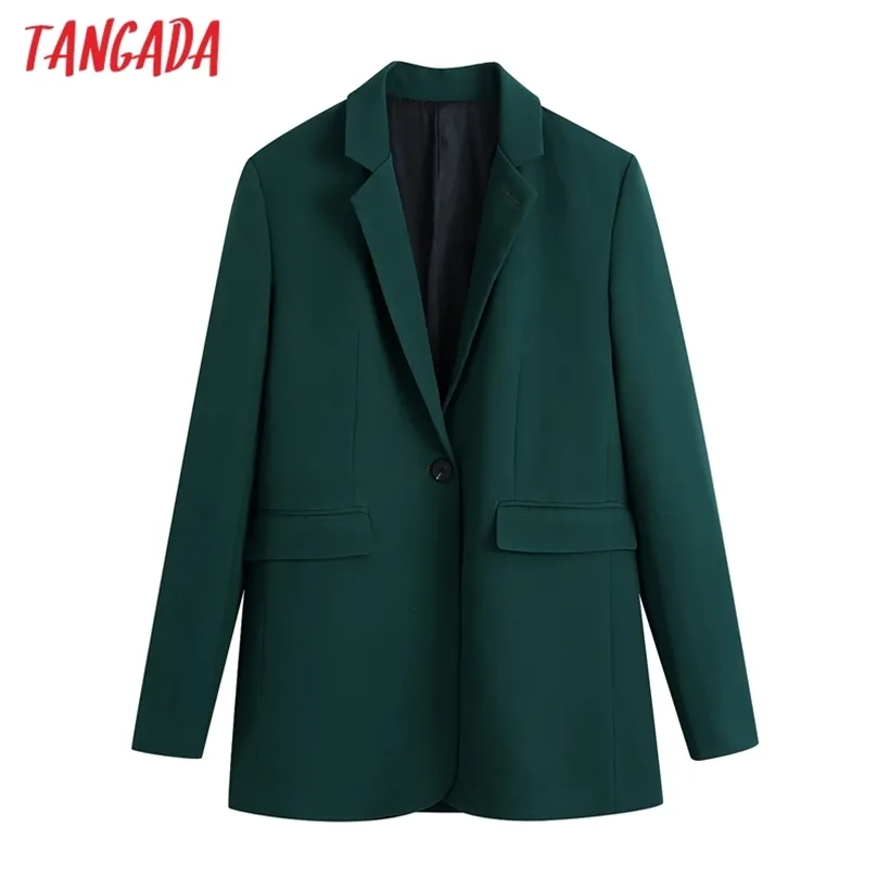 Tangada Abbigliamento da ufficio da donna Bottone singolo Cappotto blazer verde Vintage Manica lunga con spalline posteriori Capispalla femminile Chic Veste BE413 211006