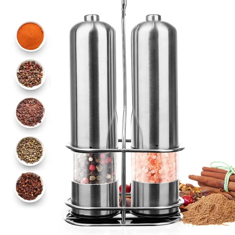 Electric Pepper Mill Rostfritt stål Salt och Grinder Set Metal Stand för matlagning matbordsredskap Köksredskap 210712