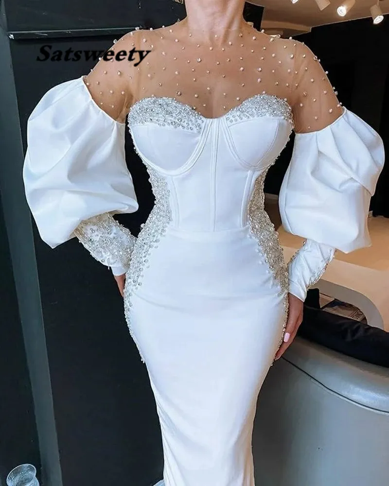 Elegant White O-neck Evening Dress Long Sleeves Pearls Beaded Arabic Formal Dresses 2023 Dubai Prom Party Gowns