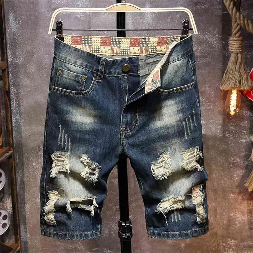 Summer Men's Retro Blue Ripped Short Jeans Street Fashion Big Hole Slim-fit Denim Shorts Male Brand Clothes 210716