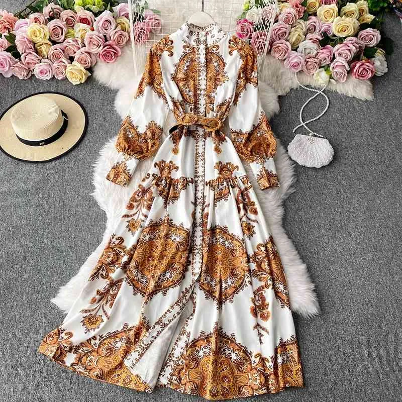 Jastie Outen Folk Retro Print Женская платье Стенд Воротник Фонарь Рукав Ретят Maxi Платья Boho Повседневная Пляж Длинные Vestidos 210419