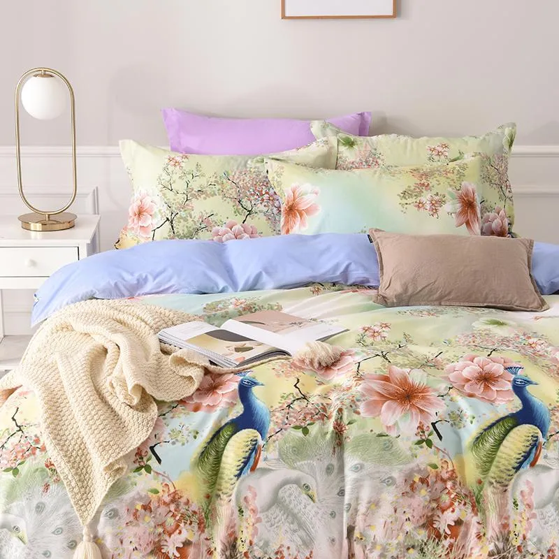 Defina a cama de pavão de flores de luxo de luxo conjunto de pavões duplos lençóis de linho de linho de linho de linho