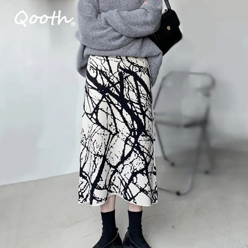 Qooth Autumn Winter Vintage Office Lady Printed Knitting Thick Skirts High Waist A Line Calf Length Casual Maxi Skirt QT253 210518