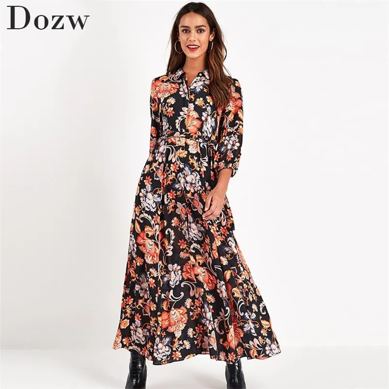 Floral Print Long Maxi Dress Women Elegant Casual Turn Down Collar Shirt Dress Three Quarter Sleeve Bohemian Sashes Dresses 210715