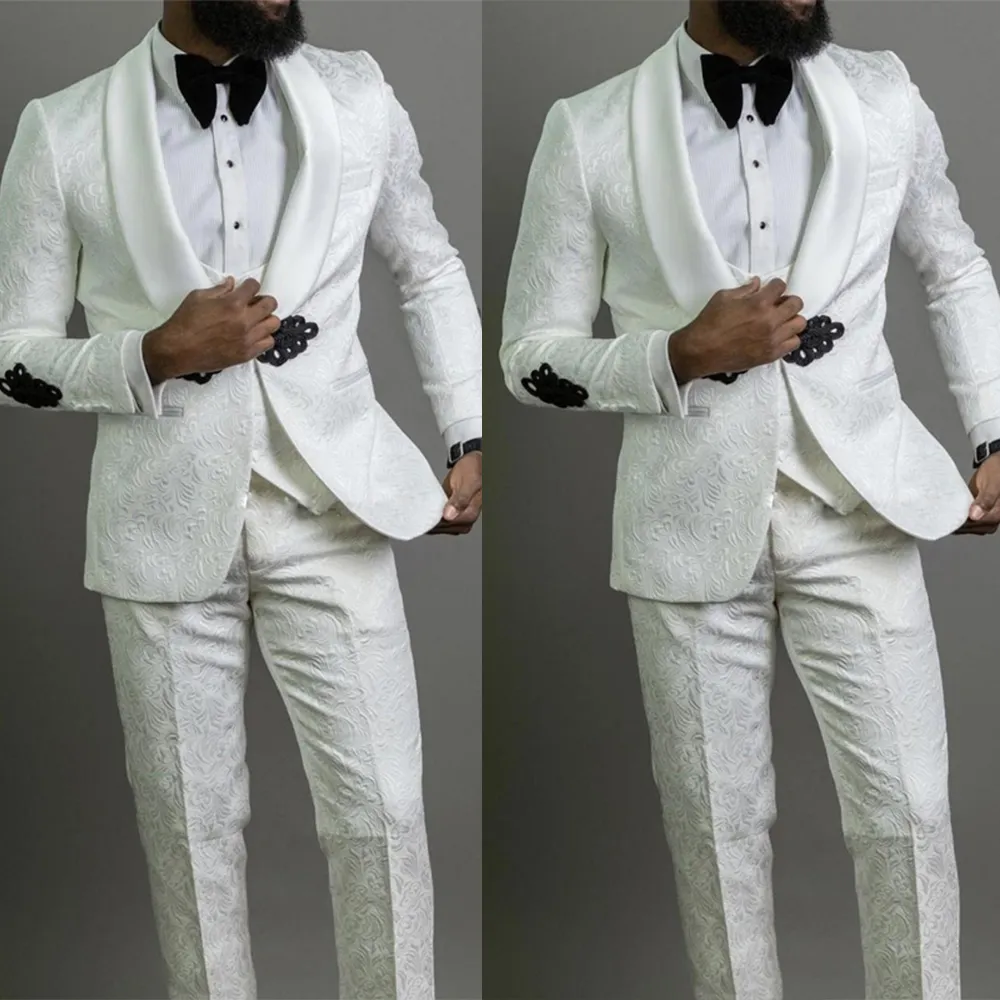 White Ivory Foral Pattern Bruidegom Bruiloft Tuxedos Unieke Mens Party Prom Pants Past Coat Vest Business Wear Outfit 3 Stuks