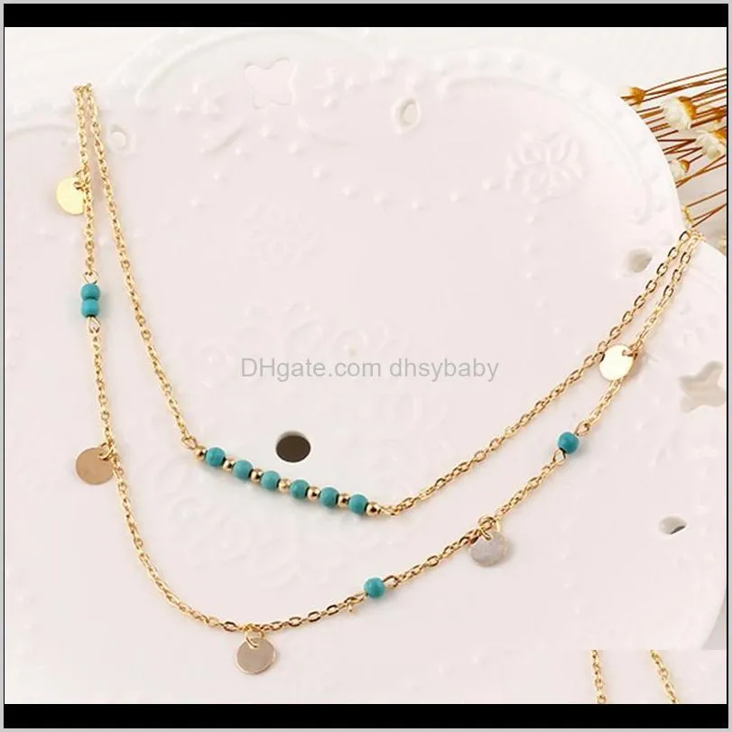 women bohemian ethnic style turquoise beads pendant necklace clavicle chain sequin double-layer necklace fashion jewelry