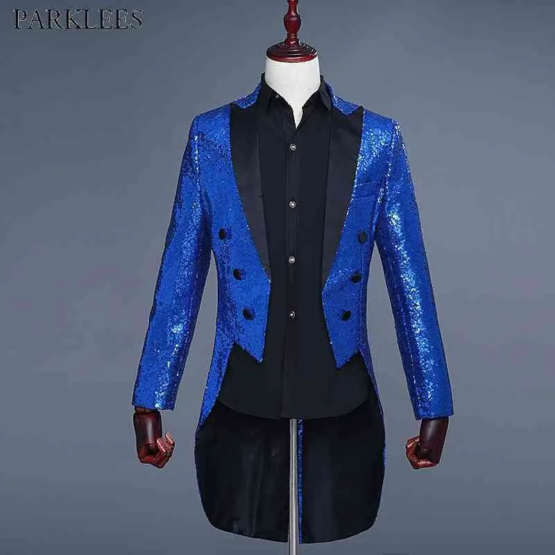 Bleu Royal magnifique Sequin smoking Blazer hommes marque discothèque DJ scène Costume Blazer hommes chanteur magicien Costume tenue 210522