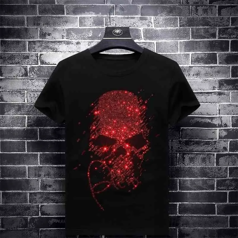 Bright Strass Rosso Teschi T-shirt uomo Manica corta Abbigliamento moda Streetwear O Neck Modal Cotton Calaveras Camiseta 210409