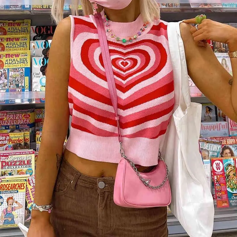Rose Kawaii coeur imprimé été Y2k tricot col roulé gilets pour femmes doux Crop hauts pour filles sans manches débardeur femme 210415
