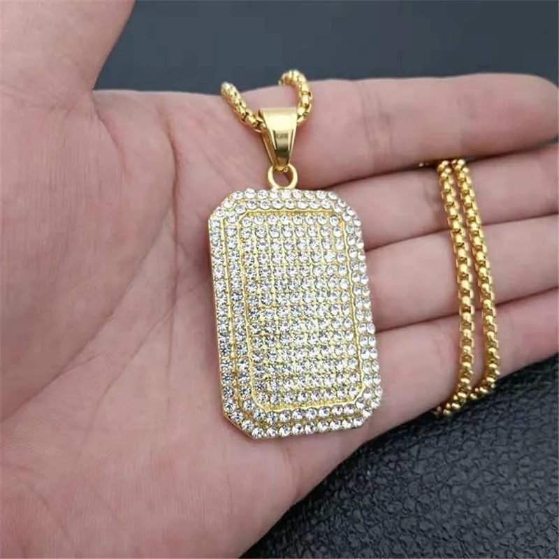 Hängsmycke Halsband Män Army Style Guld / Silver Färg Full Rhinestones Iced Out Charm Square Dog Tag Necklace Hip Hop Bling Smycken