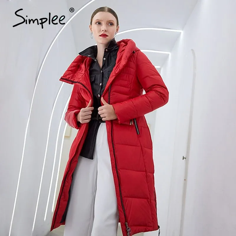 Warm casual women coats jackets with hat Elegant design long parkas Fashion red female winter windproof jacket 210414