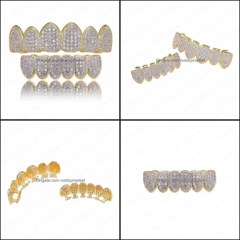 Hip Hop Grillz Pave Pink CZ Stone Iced Out Mouth Teeth Grills Caps Top & Bottom Tooth Set Gold Color Men Women Vampire Grills