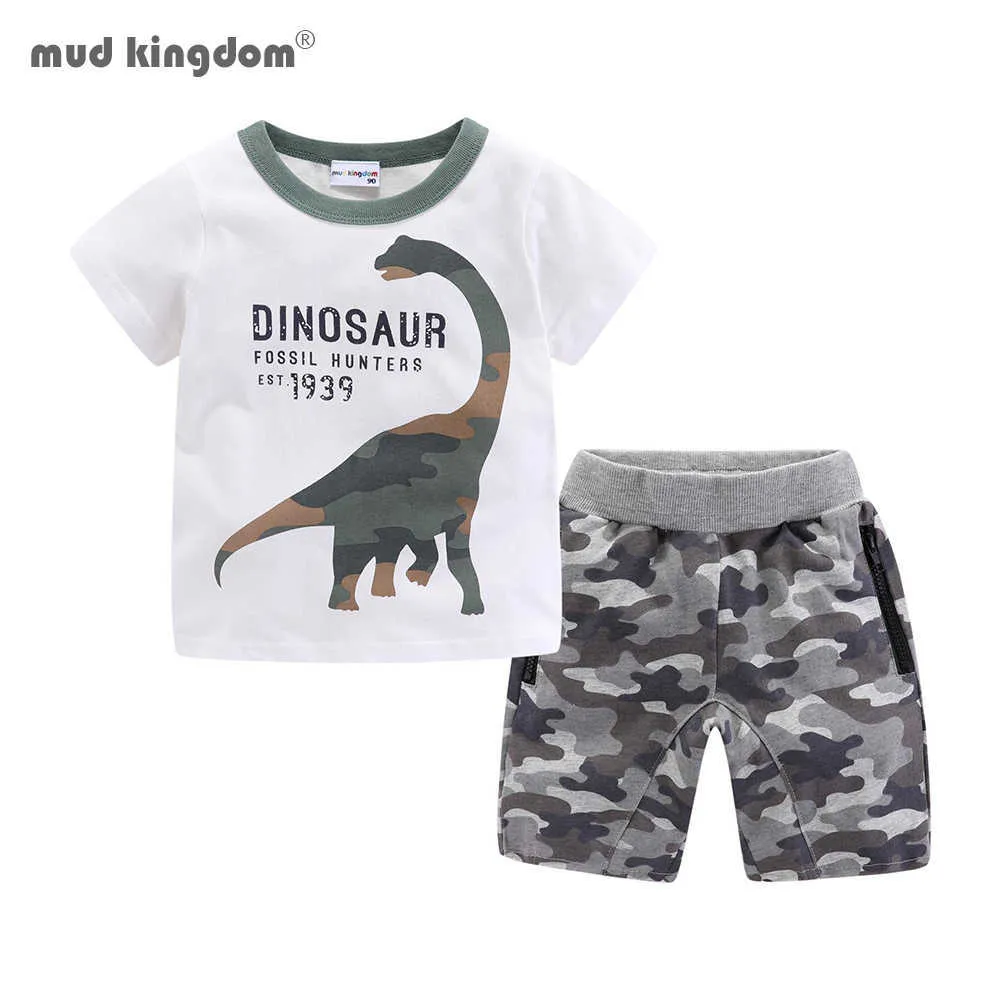 Mudkingdom Erkek Şort Set Karikatür Dinozor T-Shirt Kamuflaj Yaz Giysileri 210615