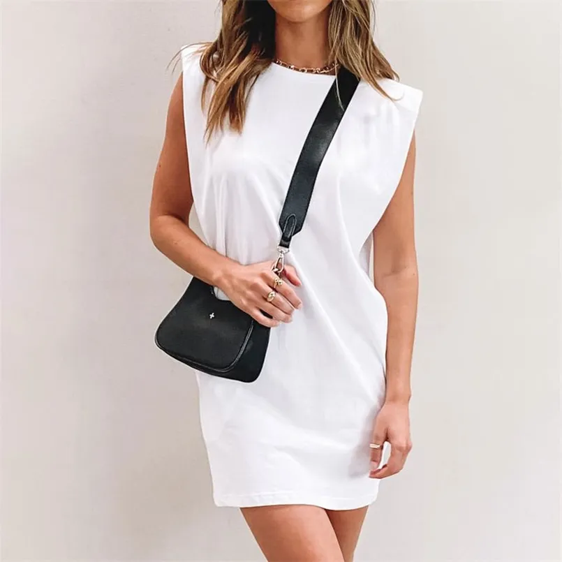 Casual Mini Vestido Branco para Mulheres Verão Moda De Ombro Almofada O Pescoço Slim Fit Saco Hip Bolso Vestido A-Linha Sólida Sólida 210508