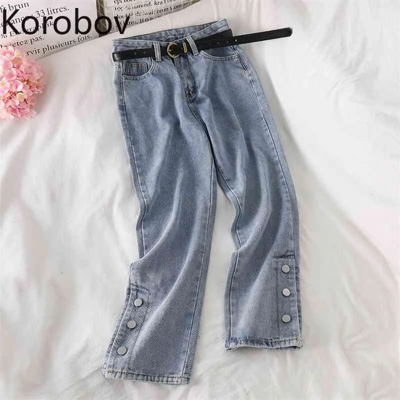 Korobov Ny hög midja kvinnor delade knapp byxor preppy stil vintage kvinnliga byxor streetwear koreanska jeans byxor 210430