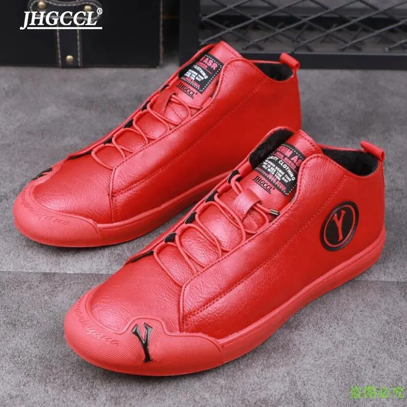 High top shoes male sutures double safety celebrity casual shoes fashionable male Martin shoes red with velvet side zipper board shoe V1.17