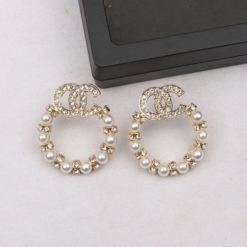 6 stile 18 carati placcato oro argento 925 designer di marca di lusso lettere stud geometrico donne famose rotondo cristallo strass orecchino di perla festa di nozze regalo gioielli