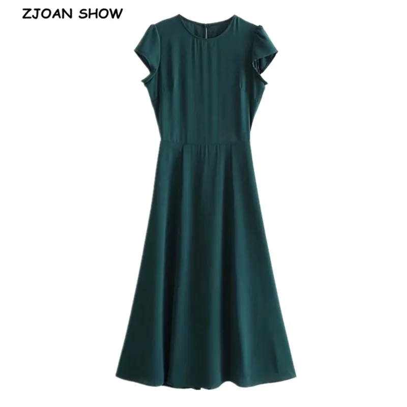 Vintage French Style Plain Green Backless Split Midi Dress Elegant Woman Hollow Out Hole Short Sleeve Slim Tea Dresses Vestido 210429