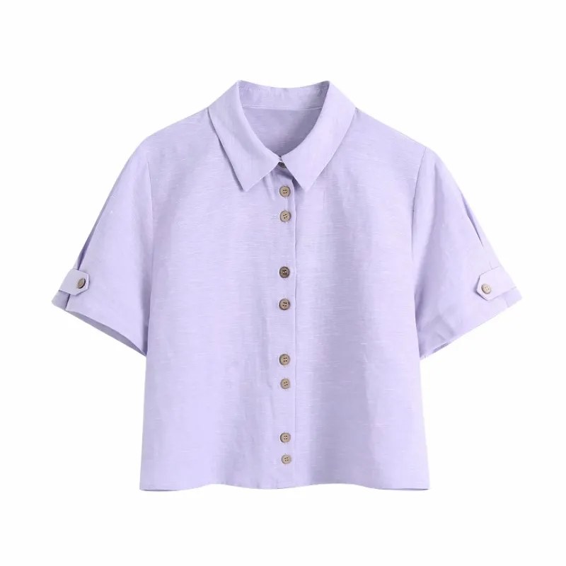 Summer Women Wooden Buttons Violet Casual Shirt Female Short Sleeve Blouse Lady Turndown Collar Loose Tops Blusas S8950 210430