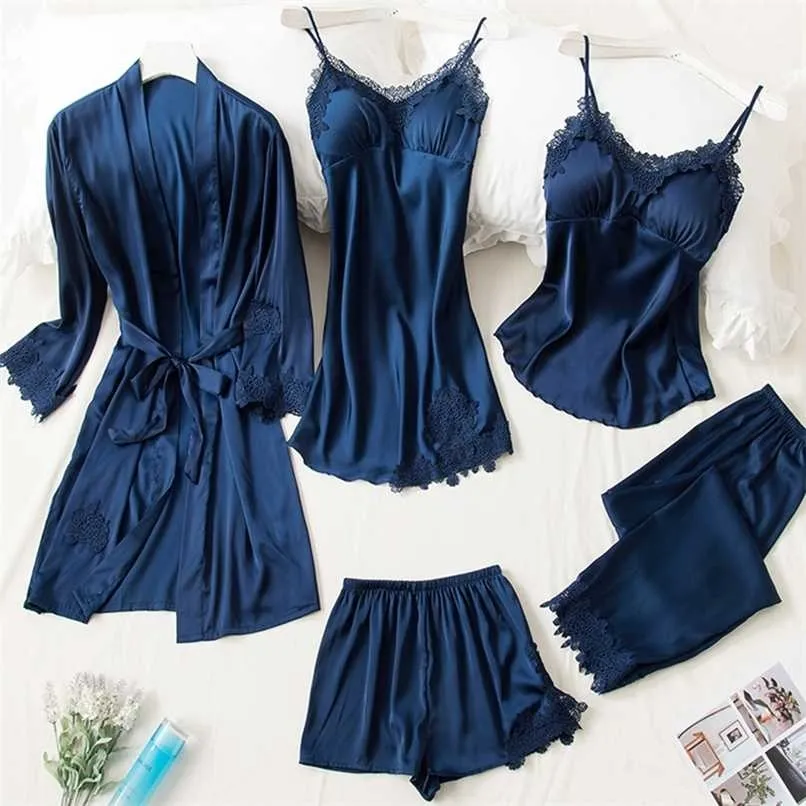 Niebieski jedwabny piżamy lato jesień wiosna 5 sztuk zestaw eleganckie kobiety piżamas ustawione górne elastyczne spodnie w talii Lounge sleepwear Homewear 211112