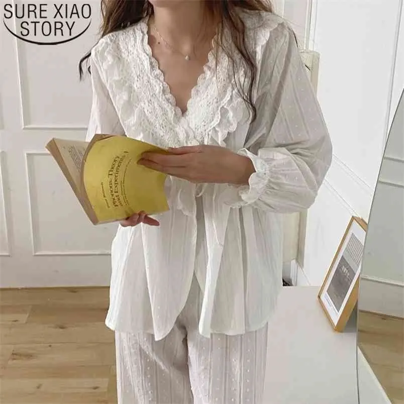 Primavera elegante pigiama coreano donna pigiama bianco puro cotone dolce scollo a V stile palazzo pizzo imposta vestiti per la casa 13817 210506