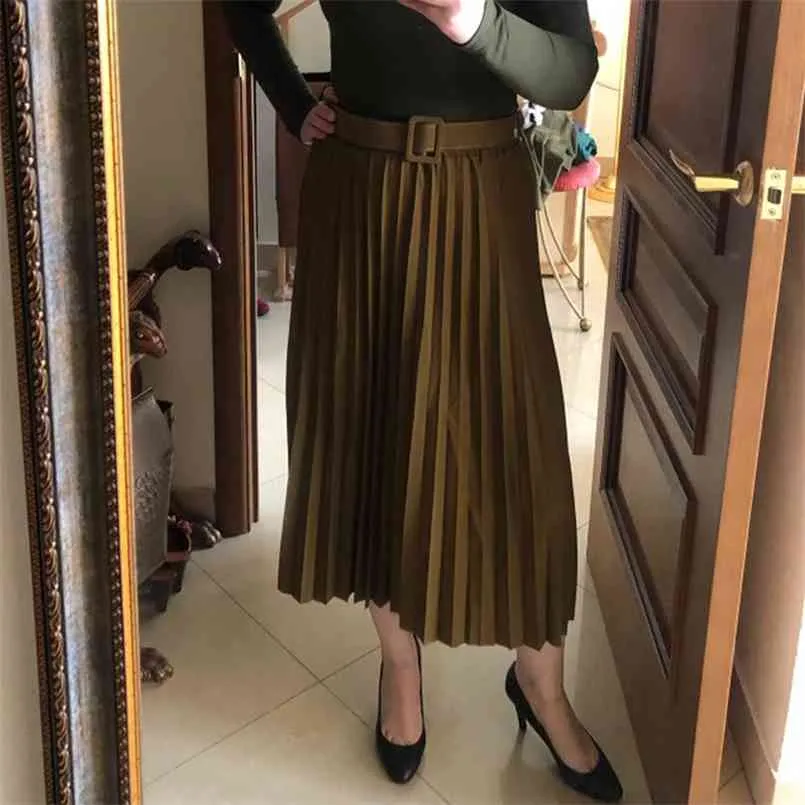 Automne femmes mode élégant rétro jupes plissées femme taille haute jupe avec ceinture en mousseline de soie plissée midi longues femmes 210508