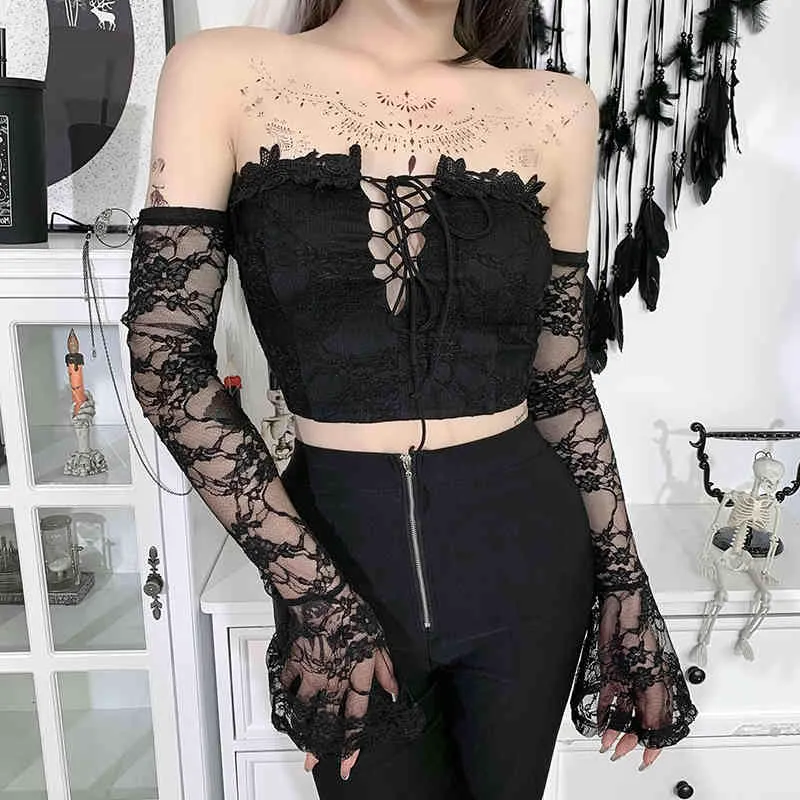 Goth Lace Bandage Black Top Vintage Sexy See Through Off Shoulder Long Sleeve TShirt Women Aesthetic Elegant Bodycon Cropped 210517