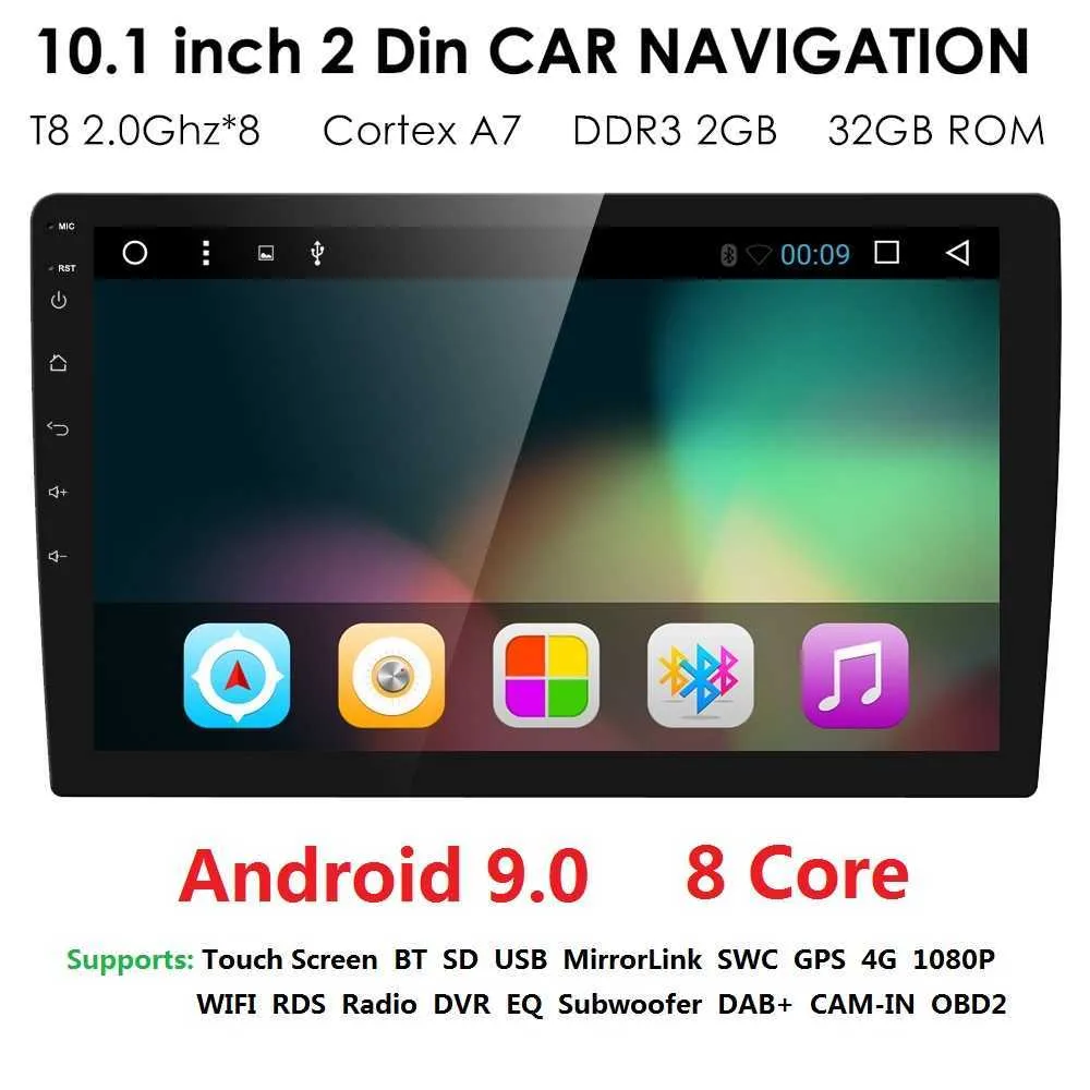 Universel 2din Android 9.0 OctaCore voiture lecteur NODVD GPS Wifi BT Radio BT 2GB RAM 32GB ROM 4G SIM réseau volant RDS USB