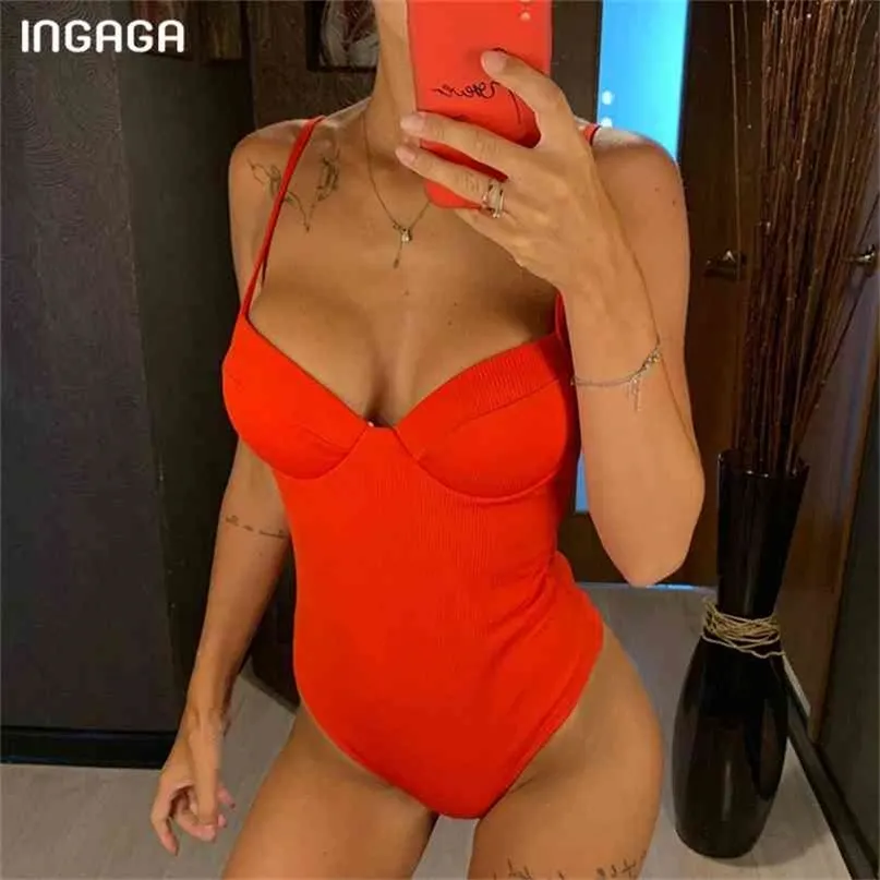 INGAGA Costumi da bagno sexy push-up Costumi da bagno da donna Costumi da bagno con cinturino rosso Costumi da bagno a taglio alto Costume da bagno a costine 210702