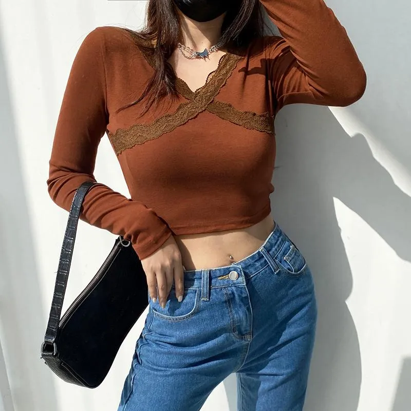 Women's T-Shirt Fashion Spring 2021 Female Crop Top Solid Color V-Neck Long Sleeve Base T-Shirts Pullover For Fall Brown High Quality Cotton