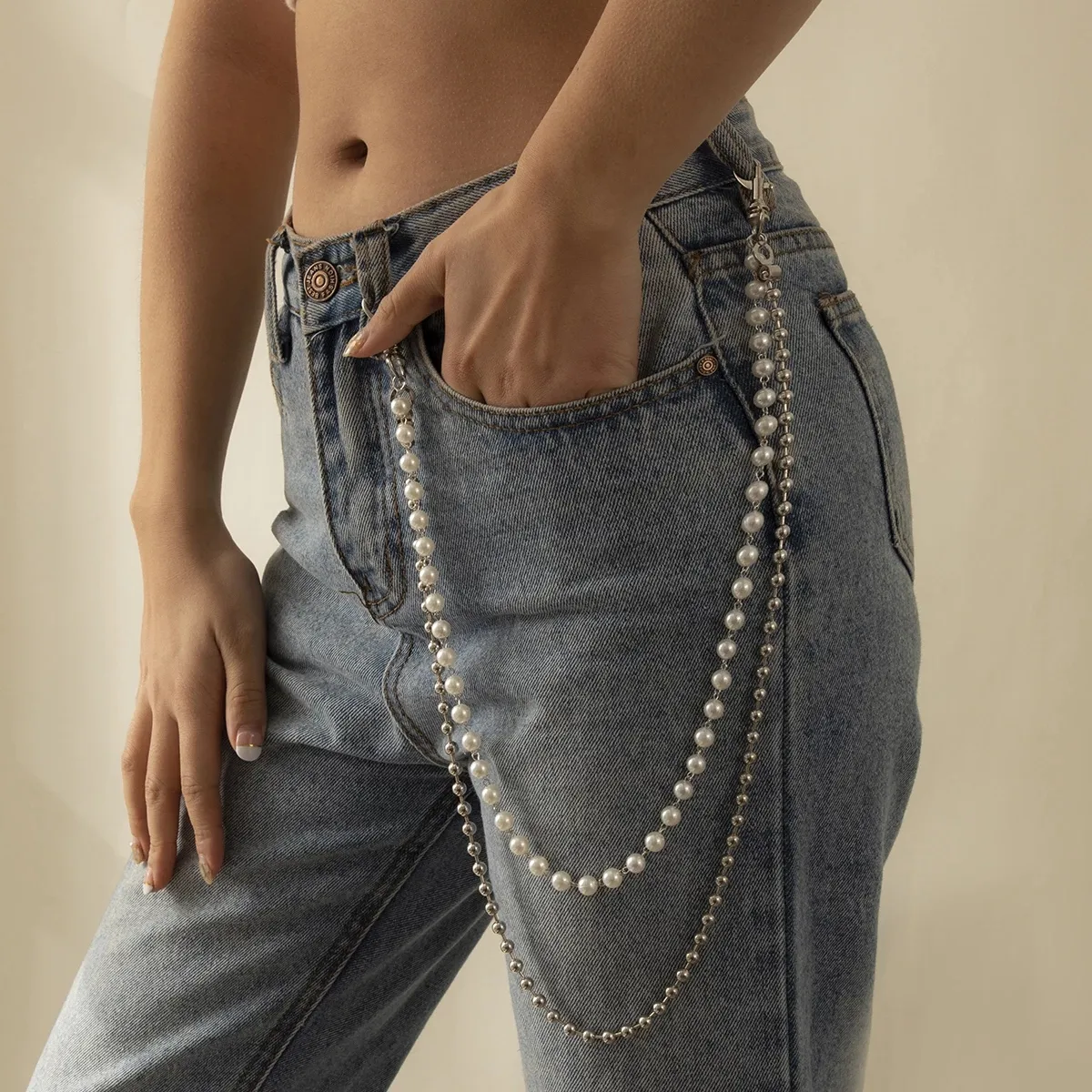 Punk Trendy Metal Beads Jeans Calça Cintura Cinto Cadeia Moda Multi-camada Pérola Calça Corrente Acessórios de Vestuário Jóias para o Corpo