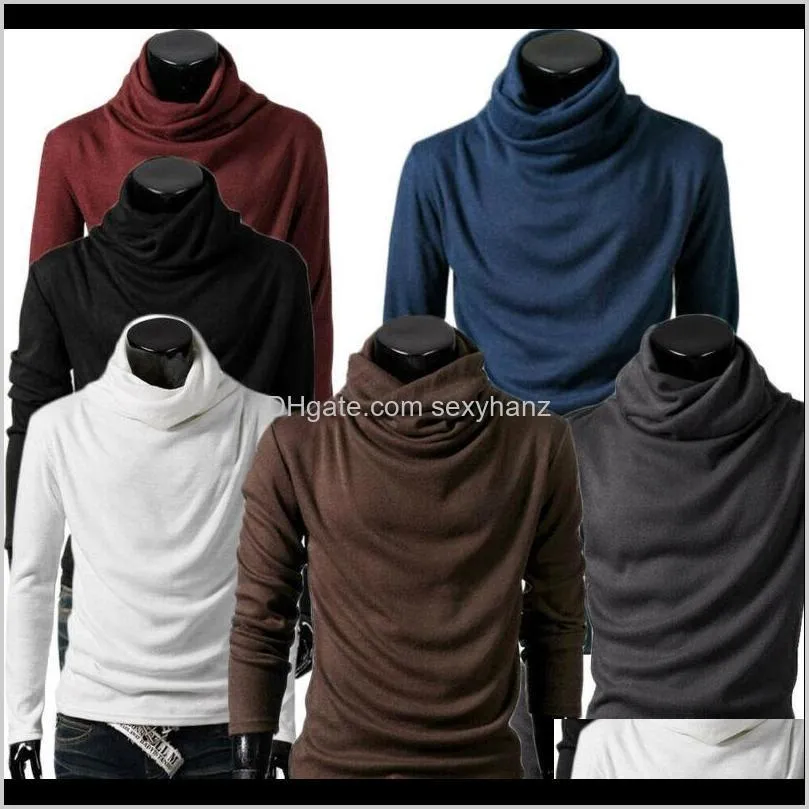 men`s t-shirt autumn winter high collar turtle neck pullover solid casual male tee long sleeve tops