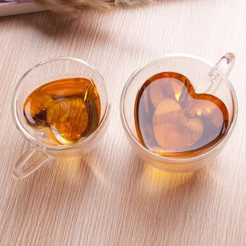 Tazza da caffè a forma di cuore Tazza da succo Tazza da caffè Tazze da birra Tazza regalo Tazza in vetro a doppia parete Bicchieri resistenti al calore Nave 24 ore