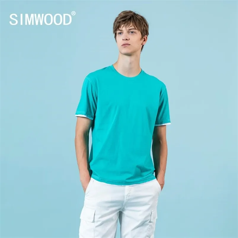 Yaz T-shirt Erkekler Moda Sahte Çift Katmanlı Kontrast Renk Tops Rahat 100% Pamuk Nefes Tees SJ150069 210706
