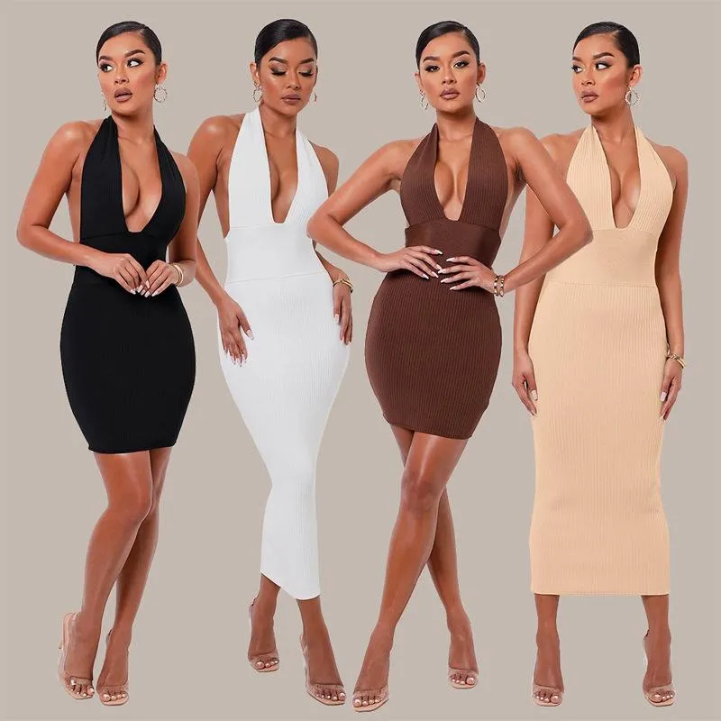 Casual Dresses White Ribbed Bodycon Midi Dress Summer Women Sexig Halter Deep V Neck Ärmlös Backless Mini Lady Party Club Long