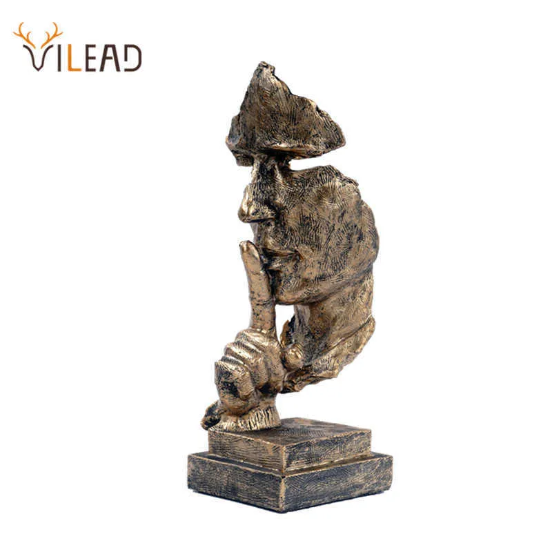 VILEAD 27cm Resin Silence is Golden Mask Statue Abstract Ornaments Statuettes Sculpture Craft for Office Vintage Home Decoration 210804