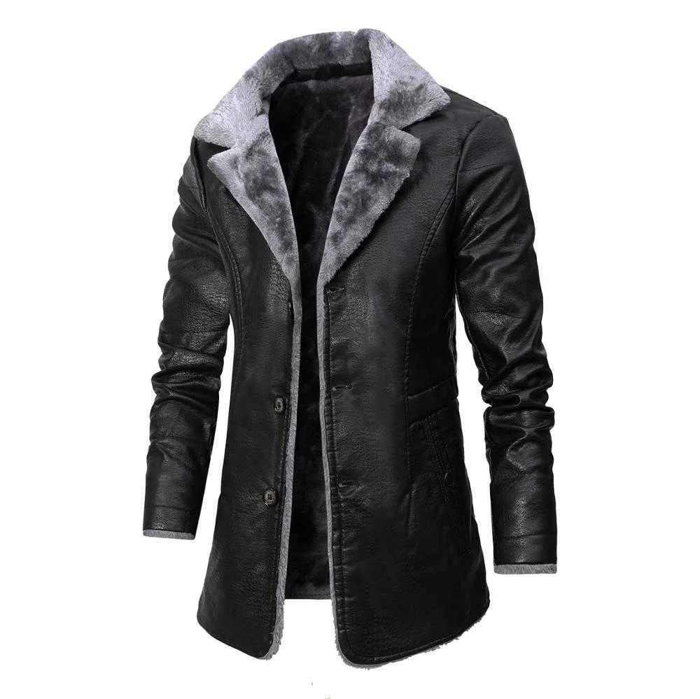 Veste en cuir d'hiver pour hommes couleur unie doublure velours affaires revers longueur moyenne garder au chaud coupe-vent en cuir noir 211009