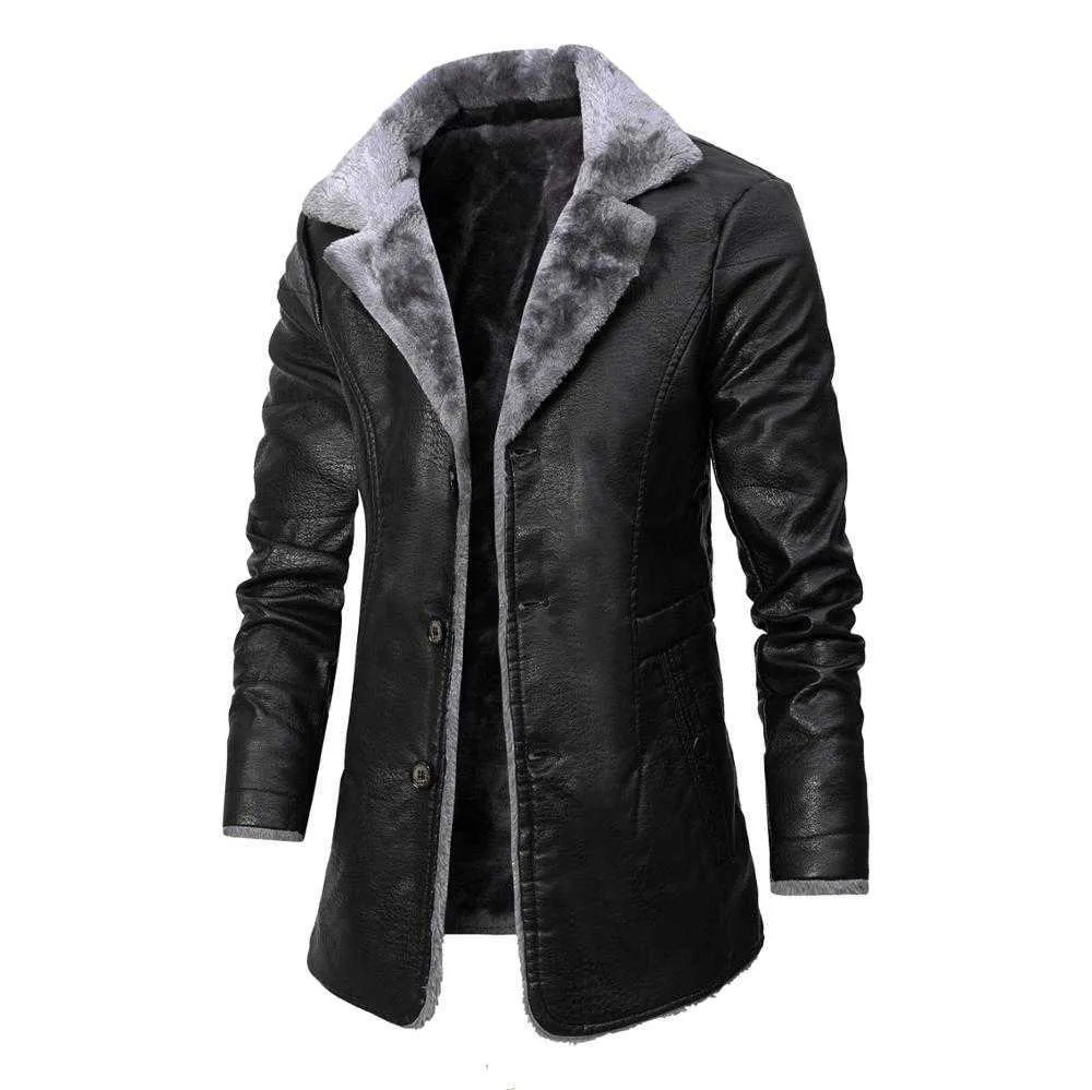 Winter-Herren-Lederjacke, einfarbiges Futter, Samt, Business-Revers, mittellang, warm halten, schwarze Leder-Windjacke 211009